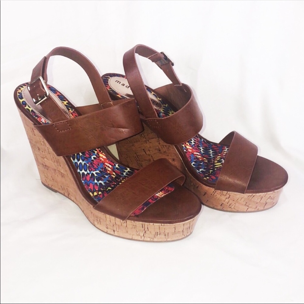 Madden Girl Cork Heel Wedge | Brown & Tan | Size 8.5